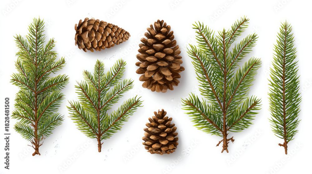 Fototapeta premium Branches of a Christmas fir tree with brown pine needles and cones