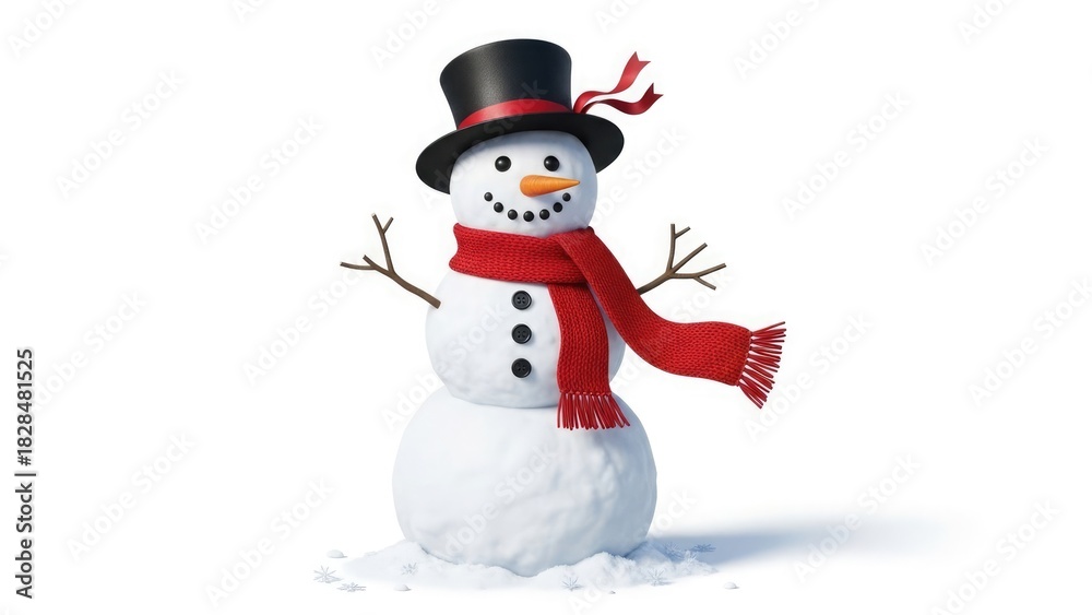 Fototapeta premium A cheerful snowman wearing a hat and scarf stands against a white backdrop.