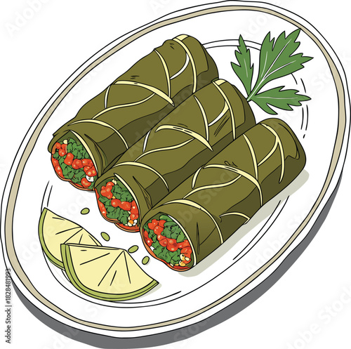 Three stuffed grape leaves with lemon wedges on a white plate illustration