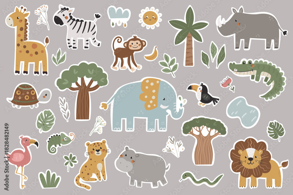 Naklejka premium Vector set of stickers with cute African animals. Well suited for use in children's rooms, books, kindergarten and other kids design