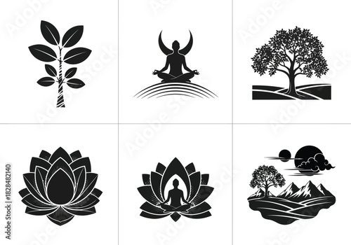 Nature and yoga logo collection zen meditation tree lotus vector design eps silhouette