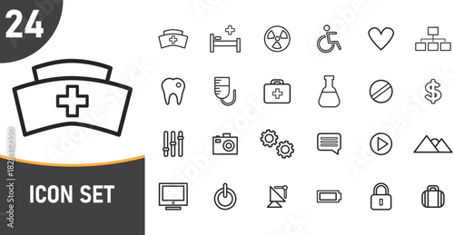 Set of Twenty Four Outline Icons Representing Various Medical and Technology Concepts