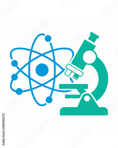 A flat vector icon of a microscope and atom symbol, representing scientific research, "the study of matter," and discovery in a laboratory setting
