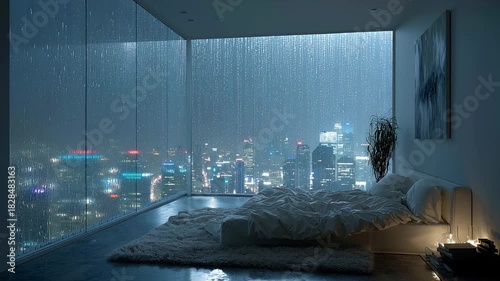 Cozy Bedroom View of Rainy Cityscape at Night.