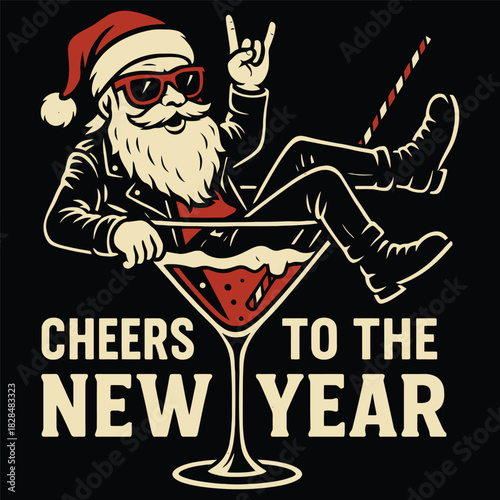 Cool Santa Claus Lounging in Giant Cocktail Glass New Year Vector