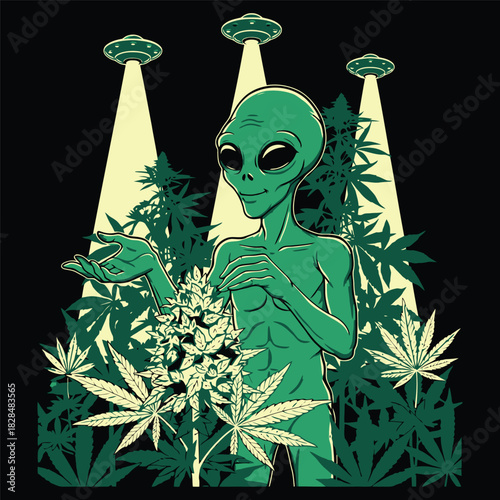 Green Alien Farmer Presenting Large Cannabis Bud with UFO Lights Vector