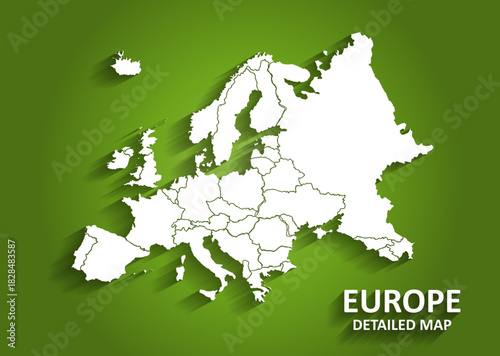 Detailed white vector map of Europe with visible country borders on green background, education, infographic and travel use, Europe, map, vector, continent, geography, outline