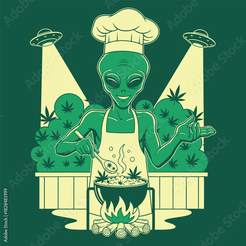 Green Alien Chef Cooking Cannabis Edibles with UFO Background Vector