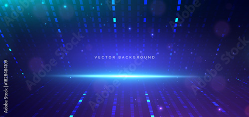 Technology futuristic square pattern with blue lines diagonal on dark background with lighting effect.