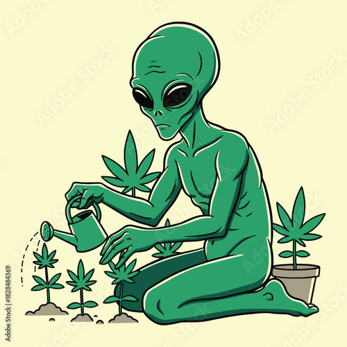 Green Alien Gardener Watering Young Cannabis Plants Vector Illustration