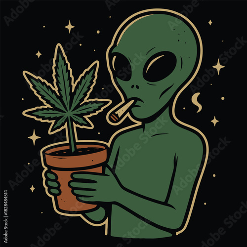 Green Alien Smoking Joint Holding Potted Cannabis Plant Vector Art