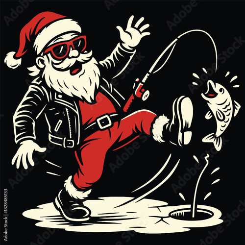 Cool Santa Claus in Leather Jacket Ice Fishing Vector Illustration