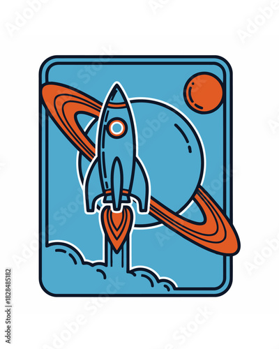 Dynamic illustration of a space rocket launching into the cosmos towards a ringed planet, symbolizing adventure, future exploration, and scientific discovery