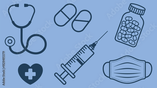 illustration of medical equipment and supplies isolated on white background, including stethoscope, syringe, thermometer, mask, gloves, and first aid items, perfect for healthcare, hospital.