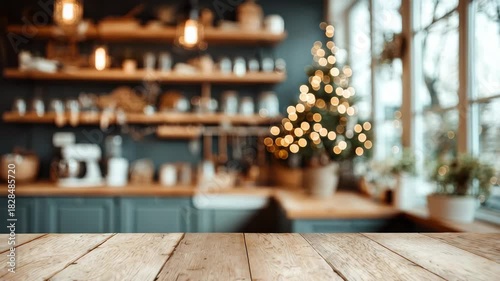 Cozy Kitchen Interior Decorated for Christmas With a Decorated Tree and Warm Bokeh Lights Creating a Festive Holiday Atmosphere