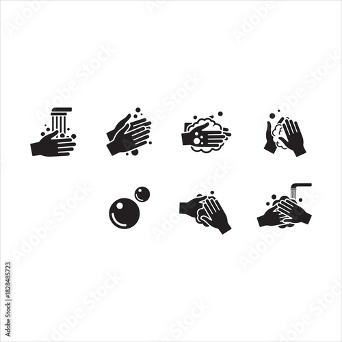 Wash your hands icons set. Hand washing icons set. Hand drawing with water tap, drop, soap bubble sign, vector illustration. Handwashing icon fill vectors set for ui.