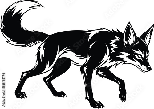 Black and white vector illustration of a walking fox animal wildlife eps silhouette