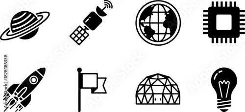 A comprehensive collection of black and white flat vector icons featuring space exploration themes including a rocket ship satellite planet earth globe processor flag dome and bulb