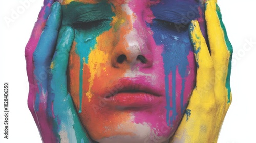 A vibrant, artistic representation of a face covered in colorful paint, symbolizing creativity and emotional expression.