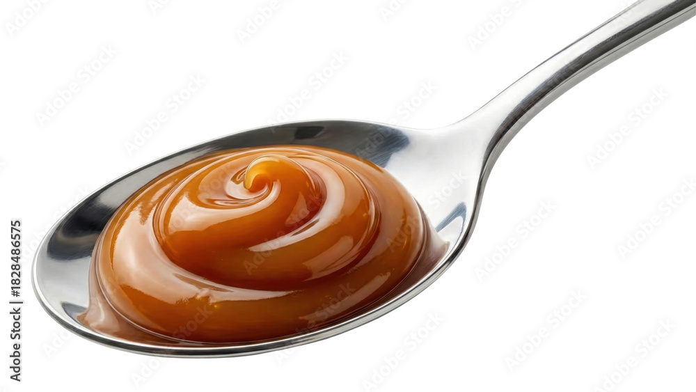 Fototapeta premium Golden Caramel Swirl: A close-up view presents a luxurious swirl of rich, golden caramel artfully presented in a gleaming spoon. A delicious treat for the eyes!