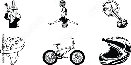 Black and white clip art showcasing a marching band member playing a trumpet a cheerleader doing a split a bike crank a bicycle helmet a bmx bike and a motocross helmet in a dynamic composition