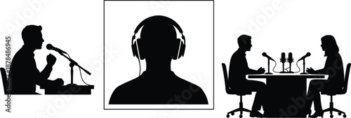 Man Speaking, Listener with Headphones, and Interview Discussion for Broadcasting and Studio Content