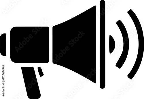 Minimalist black megaphone icon with sound waves representing public announcement marketing communication and loud speaker notification broadcast for digital interface design on a clean white backgrou