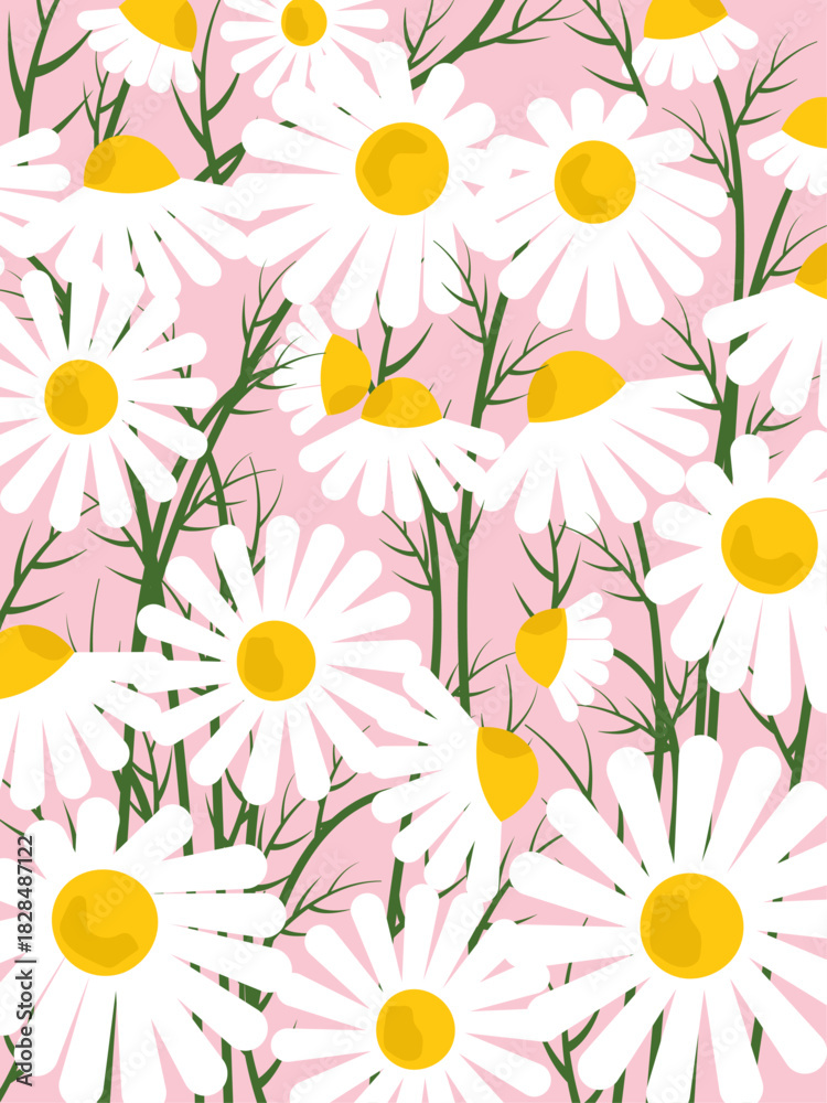 Obraz premium Vertical floral summer background. White daisies with green leaves on a pink background. Vector illustration. Rectangular template for a greeting card. Spring banner for sales and discounts.