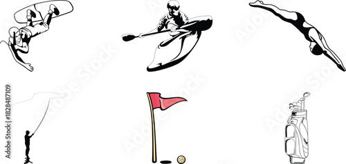 Diverse sports and recreation activities including wakeboarding kayaking diving fishing and golfing showcasing active lifestyles and outdoor pursuits for fitness and leisure enthusiasts