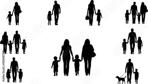 Illustration of silhouettes of various family groups, including parents walking with their children and one scene with a family and their dog