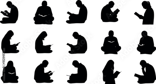 Illustration of silhouettes of diverse individuals sitting in various relaxed postures, engrossed in reading books or using digital devices