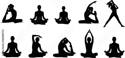 Illustration of yoga and meditation poses in black silhouette, demonstrating flexibility, stretching, and relaxation for health, fitness, and wellbeing