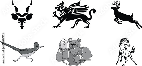 Vector illustration featuring a collection of animal icons including an antelope a griffin a deer a roadrunner a bulldog and a horse perfect for logo design and graphic elements