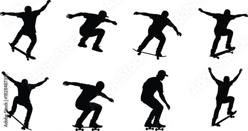 Men Jumping, Performing Aerial Tricks, Ollie, and Flip Poses for Extreme Sports, Youth, and Urban Design
