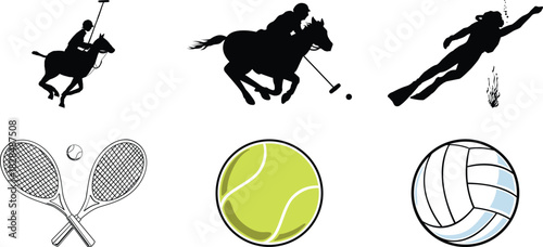 Diverse sports activities showcasing polo players on horseback a scuba diver exploring underwater tennis rackets with a ball and a volleyball representing various athletic pursuits and recreational in