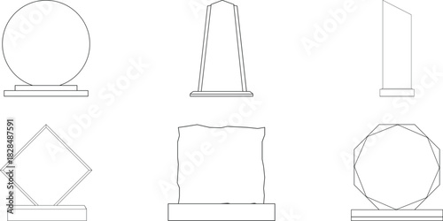 Line art showcases a collection of six distinct trophy designs with geometric shapes including spheres squares and polygons on a clean white background perfect for awards and recognition