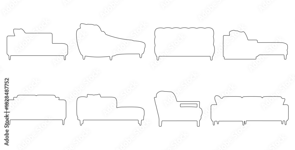 Obraz premium CAD drawings of multiple modern sofa outline designs in side view — block sofa, curved contemporary, tufted cushion, low profile lounge. Vector illustration