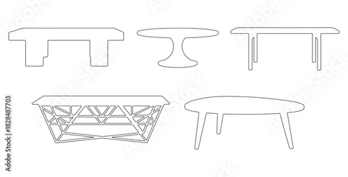 CAD drawings of multiple coffee table outline designs in side view — rectangular slab table, round top coffee, minimalist plank, metal frame, Scandinavian wooden coffee. Vector illustration