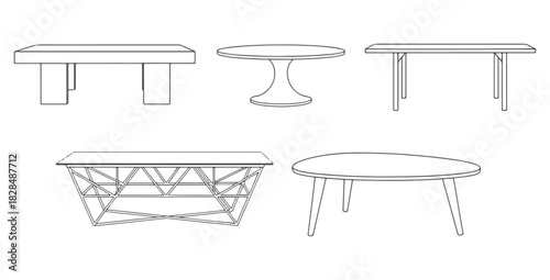 CAD drawings of multiple coffee table designs in side view — rectangular slab table, round top coffee, minimalist plank, metal frame, Scandinavian wooden coffee. Vector illustration