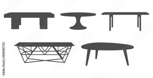 CAD drawings of multiple coffee table silhouette designs in side view — rectangular slab table, round top coffee, minimalist plank, metal frame, Scandinavian wooden coffee. Vector illustration