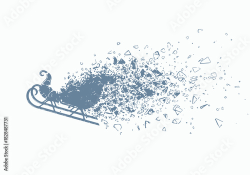 Stylized blue sleigh disintegrating into geometric fragments dynamic graphic illustration.