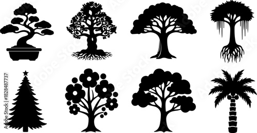 Set of eight black tree silhouette icons including bonsai palm pine and oak variations for landscaping garden design nature conservation environmental projects and creative vector branding
