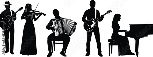 Musicians Playing Guitar, Violin, Accordion, and Piano for Concert, Performance, and Band Design