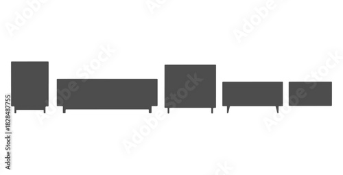 CAD drawings of various cabinet and sideboard silhouette designs in side view — 2-door cabinet, long sideboard, open shelf cabinet, sliding door console, minimal floating cabinet. Vector illustration