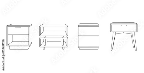 CAD drawings of various nightstand designs in front view — single-drawer nightstand, open shelf, two-tier wooden, block nightstand, Scandinavian night table. Vector illustration