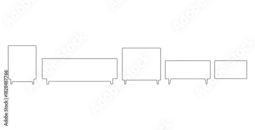 CAD drawings of various cabinet and sideboard outline designs in side view — 2-door cabinet, long sideboard, open shelf cabinet, sliding door console, minimal floating cabinet. Vector illustration