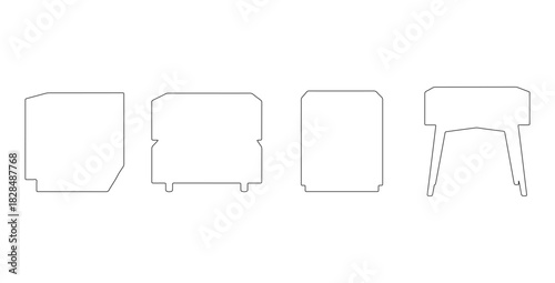CAD drawings of various nightstand outline designs in front view — single-drawer nightstand, open shelf, two-tier wooden, block nightstand, Scandinavian night table. Vector illustration