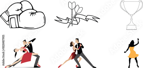 Vector art showcasing boxing gloves darts with a banner a trophy and couples dancing tango and a woman dancing in a yellow dress against a white background perfect for sports and dance enthusiasts