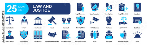 Law and justice set of web icons in linear style. vector illustration concept relate to law, legal, justice, court, judge, lawyer, hammer, outline, business, thin, criminal, crime