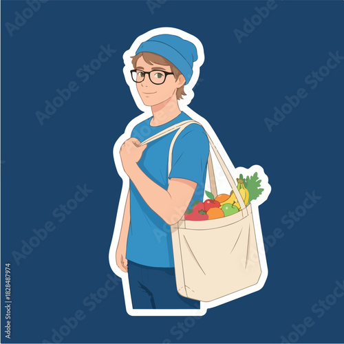 A young man in a blue beanie and glasses carrying a canvas tote bag filled with fresh fruits and vegetables, flat illustration, healthy lifestyle concept